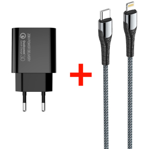 Мережевий зарядний пристрій СolorWay Power Delivery USB Type-C (20W) V2 + Кабель Type-C-Apple Lightning (PD 30W) 3.0А 1 м (CW-CHS026PD-BK/CBPDCL033-GR) в Чернівцях