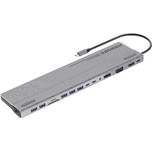 Док-станція 15-в-1 Promate BaseLink-Pro USB-C PD/HDMI/VGA/DisplayPort/3xUSB 3.1/2xUSB-C 3.1/2xUSB 2.0/RJ45/SD/MicroSD/AUX 3.5 mm Gray (baselink-pro.black) в Чернівцях