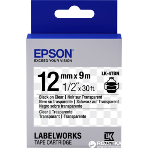 Картридж зі стрічкою Epson LabelWorks LK4TBN 12 мм / 9 м Black/Clear (C53S654012) краща модель в Чернівцях