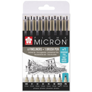 Набір лінерів Sakura Pigma Micron 6 шт 1 лінер-пензель Pigma Brush + Pigma Micron PN в подарунок в Чернівцях