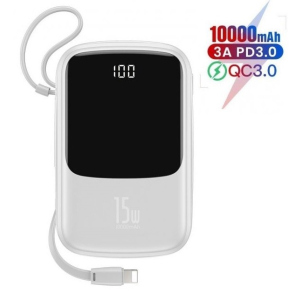 Павербанк Baseus 15W Q Pow Display Fast Charge 10000mAh + кабель Lightning для iPhone/iPad/Samsung/Xiaomi/Huawei white