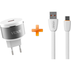 купити Мережевий зарядний пристрій Vidvie PLE211Q 1USB 1.5A + USB Type-C cable White-Silver (6970280941444)