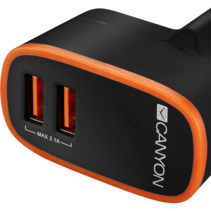 хороша модель Зарядний пристрій Canyon 2USB 2.1A Black-Orange (CNE-CHA02B)