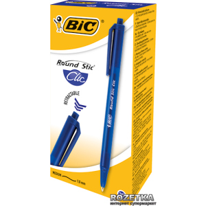 Набор шариковых ручек 20 шт автоматических BIC Round Stic Clic Синий, пишущий узел 1мм, толщина линии письма 0.4 мм Синий корпус (3086123379640)