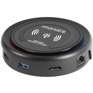 хороша модель Док-станція 6-в-1 Promate CenterHub USB-C PD/10W Wireless Charger/HDMI/2xUSB 3.0/USB-C 3.1/RJ45 Black (centerhub.black)