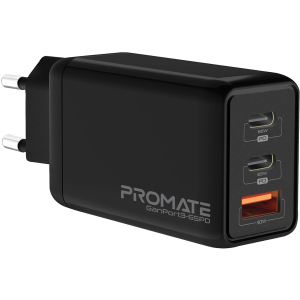 Мережевий зарядний пристрій Promate GaNPort3-65PD 65 Вт, 2хUSB-C+USB-A Black (ganport3-65pd.black)