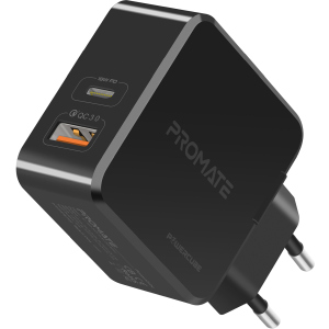 Зарядний пристрій Promate PowerCube 36 Вт Type-C PD + USB QC 3.0 Black (powercube.black) надійний