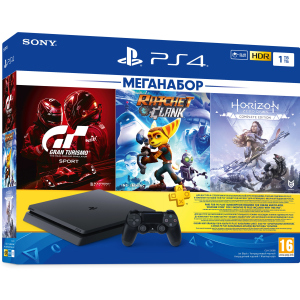 Ігрова приставка PlayStation 4 1ТБ Black у комплекті з 3 іграми та підпискою PS Plus (Ratchet &amp; Clank + Horizon Zero Dawn + Gran Turismo Sport + PS Plus 3 місяці) в Чернівцях