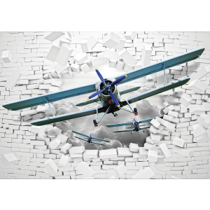 Фотошпалери паперові DecoArt 3D літаки в цегляній стіні 254 x 184 см 2 сегменти (10407-P4)