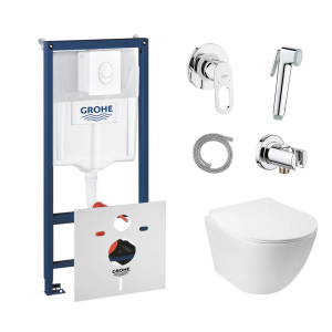 Комплект инсталляция Grohe Rapid SL 38722001 + унитаз с сиденьем Qtap Jay QT07335176W + набор для гигиенического душа со смесителем Grohe BauLoop 111042 лучшая модель в Черновцах