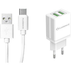 Сетевое зарядное устройство Florence 2USB 2A + Type-C Cable White (FL-1021-WT) лучшая модель в Черновцах